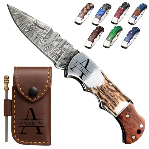 Personalized Damascus Stag Bone Pocket Knife, Folding Knife, Custom Unique Gift for Brother, Uncle, Grandpa, Husband, Dad, Groomsmen, Camping, Wedding, Anniversary, Father’s Day Gifts for Him, Men
