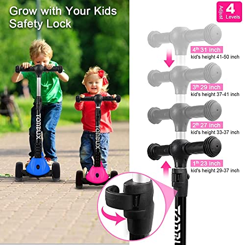 Tonbux 3 Wheel Scooter, Kids Scooters Age 3-12, Foldable Toddler Kick Scooter With 4 Adjustable Heights, Flashing 3-Wheels And Anti-Slip Deck, For Boys & Girls, Up To 110 Lbs, Rose Red #TOP1