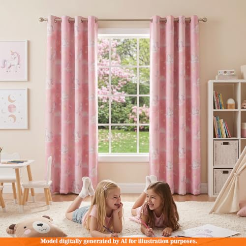 Image of MYSKY HOME Pink Blackout Printed Curtains for Girls Room Decor 63 Inch Length Cute Unicorn Rainbow Patterns Grommet Drapes for Kids Nursery Bedroom Playroom, Each Panel 52 Inch Wide, 2 Panels