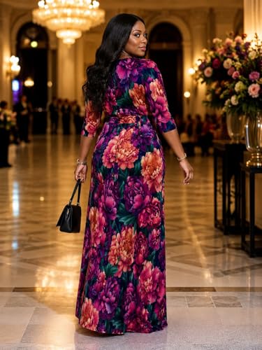 Image of SUZONANA Plus Size Dresses for Women Floral Print Maxi Dress Flowy 3 /4 Sleeve with Belt