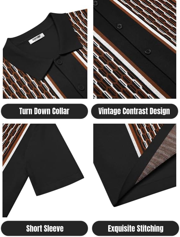 COOFANDY Men's 2 Piece Outfit Vintage Short Sleeve Button Down Knit Polo Shirts Casual Beach Shorts Sets - Image 5