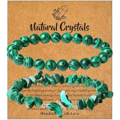 AWARDSEN 2Pcs Butterfly Bracelets for Women Green Malachite Crystal Bracelets Gifts for Women Healing Crystal Bracelet Natural Gemstones Stretchable Jewellery 8mm Beaded Bracelet Gift for Birthday