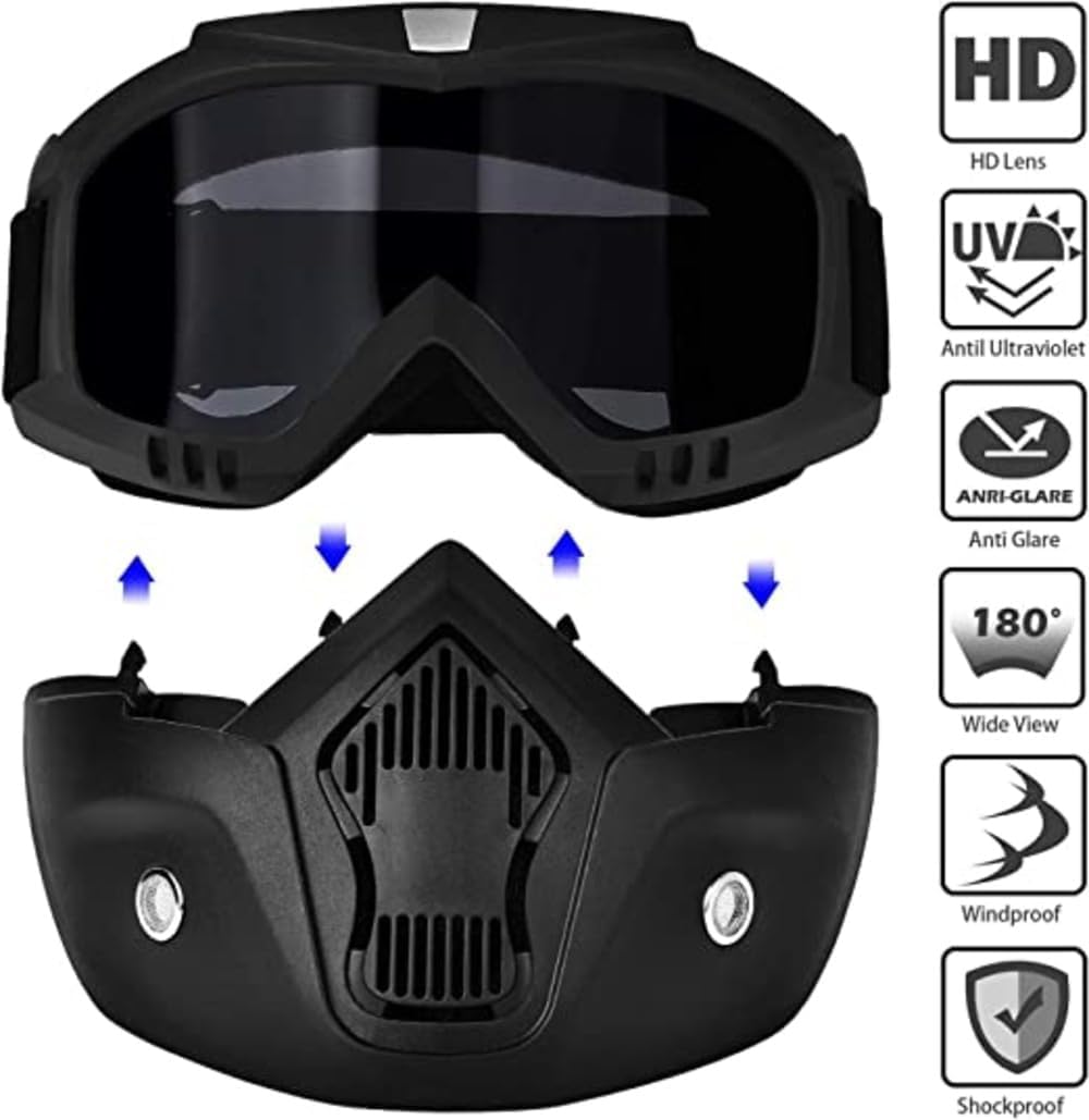 Tactical Goggles with Detachable Face Mask, Black, Smoke Lens, Protective Eyewear for Motorcycling 1