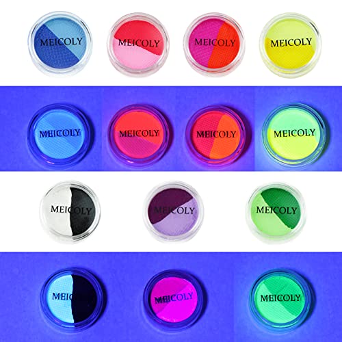 Meicoly Water Activated Eyeliner 14 Colors, Christmas Neon Rainbow Face Paint,7 Cakes Duo Color Halloween Hydra Liner,Matte Graphic Eyeliner, Uv Glow Fluorescent Blacklight Black White Body Paint #TOP4