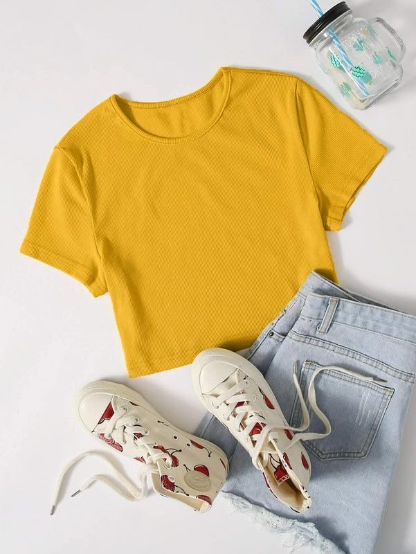 Allimy Womens Summer Short Sleeve Slim Fitted Tshirt Round Neck Ribbed Crop Tops - Image 6