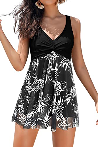 SHEKINI Women's Swimdress One Piece V Neck Swimming Costume Splice Printed Mesh Soft Cup Padded Elegant Bathing Suit Tummy Control with Boyshort, Black+Leaf, XX-Large