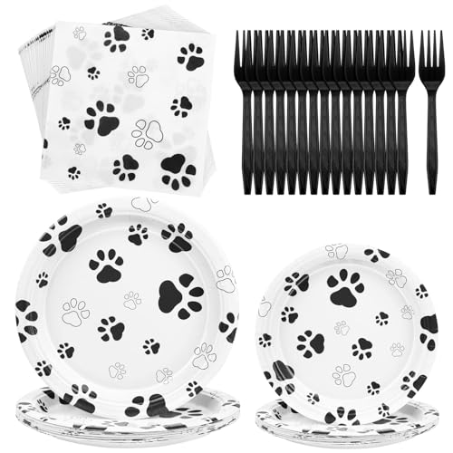 durony 72 Pieces Dog Paw Print Birthday Party Supplies Include 32 Plates, 24 Napkins and 16 Forks Black Dog Paw Prints Party Decorations for Puppy Theme Party, Picnic, Baby Shower