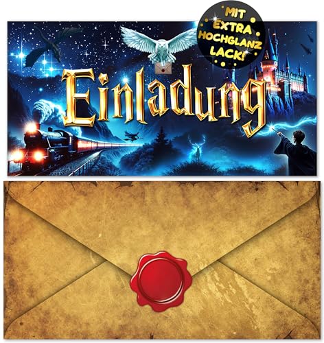 12x Zauberer EINLADUNGSKARTEN KINDERGEBURTSTAG Junge Mädchen + 12x Umschläge + 12x Aufkleber - die Zauber PARTY Karten sind die Zauberschule EINLADUNG für Jungen Kinder Zauberschüler GEBURTSTAG