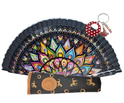 Planta Color Abanicos Flores, Paisajes y Figuras de Colores con Funda Artesanal. Precioso Abanico de Madera con Funda Fabricada en España. (Negro Marrón)