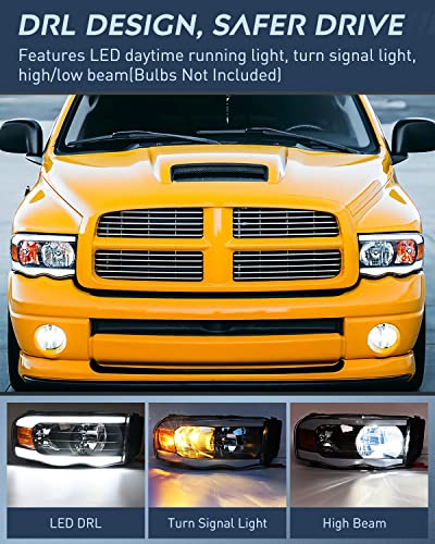 Nilight Headlights Assembly Led Drl For 2002-2005 Dodge Ram 1500/2003 2004 2005 Dodge Ram 2500 3500 Headlamp, Black Housing Amber Reflector #TOP6