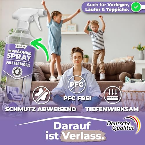 Textil Imprägnierspray Sofa & Polster-Möbel, Qindoo Fleckenschutz für Stoffe, Sitzkissen, Cord, Mikrofaser, Autositze, Geruchsneutral, wasser- & schmutzabweisend, PFC frei, Made in Germany 1,5 L
