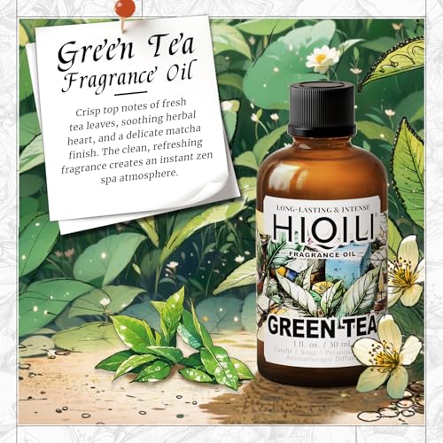Image of HIQILI Green Tea Fragrance Oil, Refreshing Scents for Laundry - 1 Fl Oz | Long-Lasing Aroma for Wool Dryer Balls, Candle & Soap Making, Home Diffusers, Pet Safe, Graduated Dropper Included