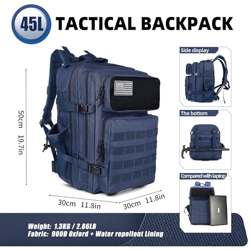 Image of gracedon Tactical Backpack - Military Molle Bag 3 Days Pack for men and Women Large Assault Rucksack 45L (Navy)