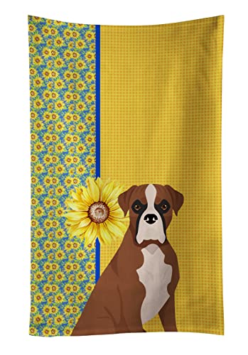 Caroline's Treasures WDK5339KTWL Summer Sunflowers Natural Eared Red Fawn Boxer Kitchen Towel Dish Cloths Guest Hand Towel Decorative Bathroom Towel for Face,Tea, Dishcloth, Kitchen and Bath