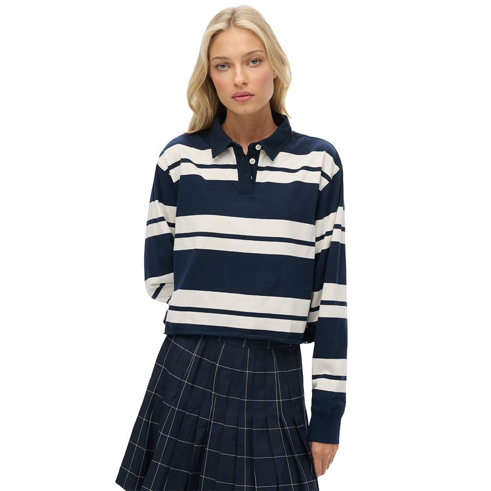 Superdry Athletic Essentials Cropped Stripe Rugby Shirt- Blue, Blue, Size 12, Women