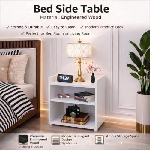 Image of SPYDER CRAFT 2 Tier Engineered Wood Bedside Table for Bedroom|Wooden Modern Side Tables for Bedroom|Side Table for Bed Room|Corner Table for Bed Room Finish Color -White, DIY(Do-It-Yourself)
