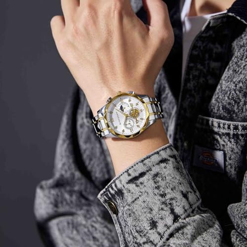 Image of Giordano Chronograph Analog Quartz Watch for Men with Round Dial, Multifunction Subdials, Sun Moon Display, Crystal Hour Markers, Roman Numerals, Stainless Steel Strap - GZ-50236