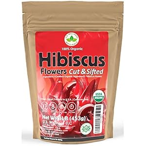 Hibiscus Tea 1LB (16Oz) 100% CERTIFIED Organic Hibiscus Flowers Herbal Tea (CUT&SIFTED), Caffeine Free Tea (200+ cups) 1 lb. Bulk Resealable BPA-Free Bag
