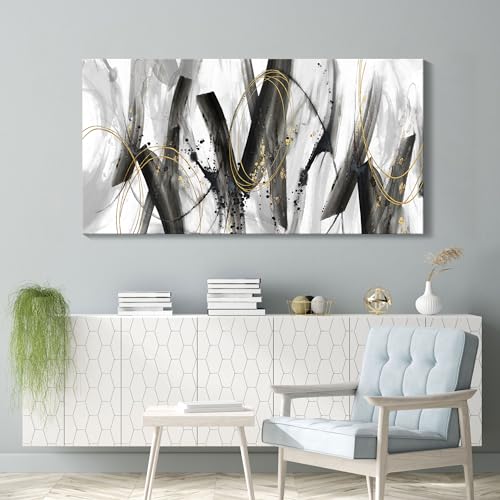 Image of AJAZIKO Abstract Wall Art for Living Room - Large, Black and Gold Wall Art Decor, Office Pictures, Modern Artwork Paintings, Black and White Wall Decor - Ideal for Bedroom and Office Decorations