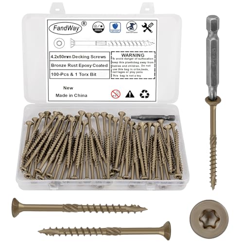 FandWay 4.2x50mm Deck Screws 100Pcs,Torx Drive Wood Screws, Flat/Countersunk Head Screw,Rust Resistant epoxy Coated, Bronze, T25 Star Bit.