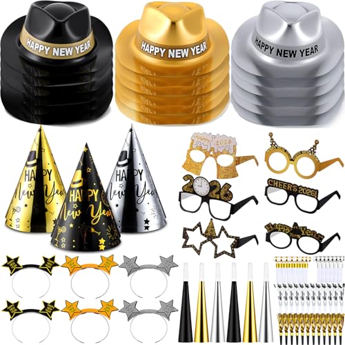 Junkin 66 Pcs New Years Eve Party Supplies 2026 Kit for 24 Guests Include Top Hats Cone Hats Glasses Headbands Blowing Dragon Trumpet Happy New Year Decorations Bulk Party Favors (Novel Style)