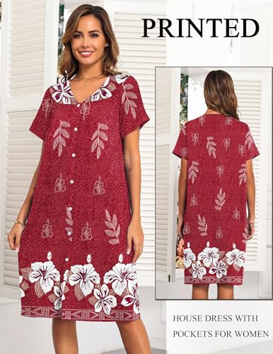 Image of Ekouaer House Dresses for Women with Pockets Button Down Nightgowns Plus Size Moo Moos Mumu Dresses Floral Print S-3XL