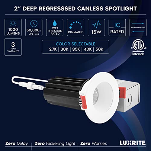 Luxrite 2 Inch Led Recessed Lighting With Junction Box, 15W, 5 Color Selectable 2700K-5000K, 1000 Lumens, Dimmable Canless Led Downlights, Interchangeable Trim, Wet Rated, Ic Rated, Etl Listed #TOP6