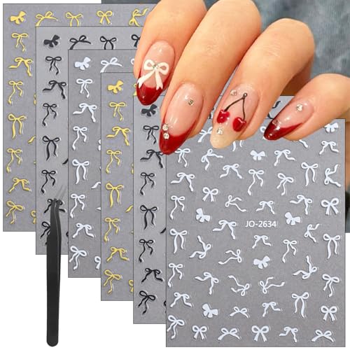 6sheets Cute 3D Self-Adhesive Bows & Nail Art Stickers - Gold, White, Black - Includes Tweezer for DIY Nail Design Decoration