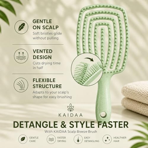 Image of KAIDAA Scalp Breeze Brush | Flexible Vented Detangling Hair Brush for Wet and Dry Hair | Gentle Scalp Massage | Plastic-Reduced Design with 10% Wheat Straw (Olive Green)