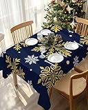 HATEGE Mantel Mesa Cuadrada Navidad 100x100 Mantele Antimanchas Azul Manteles de Poliéster Impermeable Copos de Nieve Dorados Manteles de Mesa Lavable para Cocina Comedor A-0854