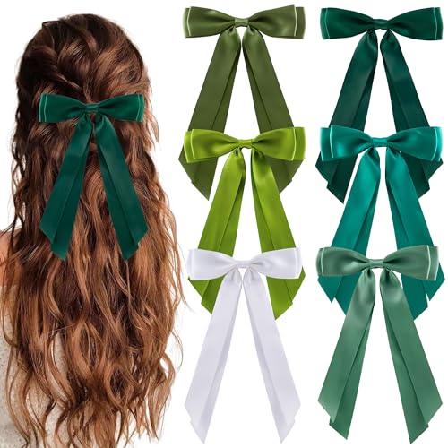 hisial 6Pcs Hair Bows Clips for Hair Silky Satin Ribbon Alligator Barrettes French Hair Ponytail Holders Cute Accessories for Women Girls(Black/Green/White)