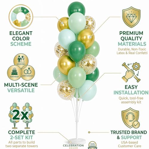 Image of Hiins Balloon Column Kit Set of 2 With Balloons Included - with Base,Pole,Balloon Tower Backdrop Decoration for Wedding, Baby Shower,Birthday Party,Bachelorette Parties (3xJade Green Gold)