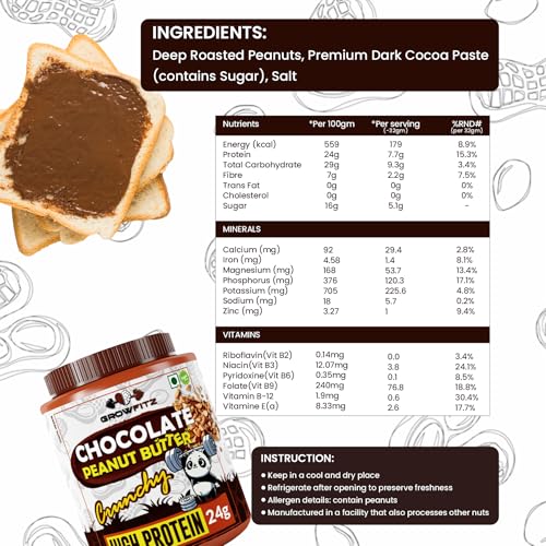 Image of Growfitz Peanut Butter Chocolate Crunchy 800g | 24g High Protein Peanut Butter | 7g Fiber | Tasty & Healthy Nut Butter Spread for Breakfast & Snacks | Roasted Peanuts | Zero Sugar (Pack of 2)