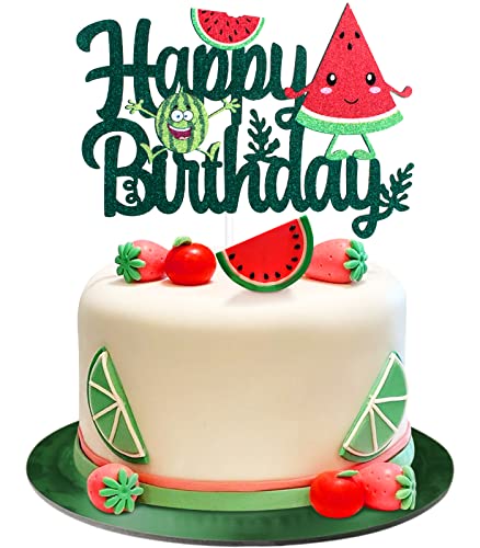Watermelon Happy Birthday Cake Topper - Summer Fruit Party Green Glitter Watermelon Cake Topper Supplies - Watermelon Cake Topper 1St 2Nd 3Rd Birthday Decoration #TOP6