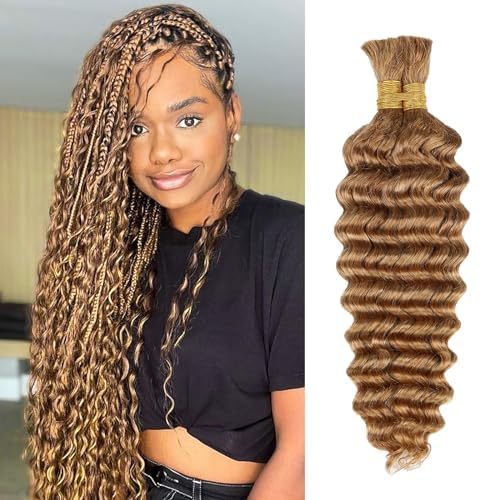 Honey Human Hair Deep Wave Bulk for Braiding - 27Color No Weft Curly Extensions for Boho Braids, Wet and Wavy (22 Inch, 27, 100g)