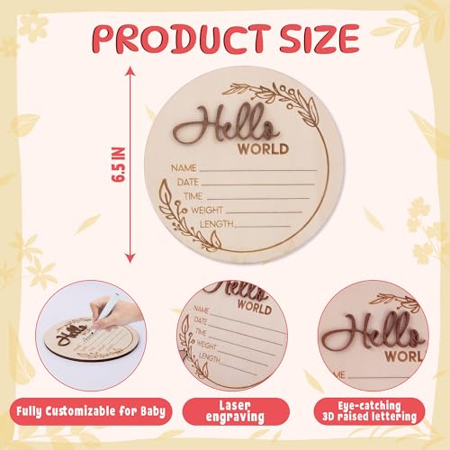 Image of Hello World Wooden Baby Birth Announcement Sign - Custom Baby Name Plaque with Leaf Design - 3D Lettering - Newborn Stats Board for Photo Prop or Nursery Decor