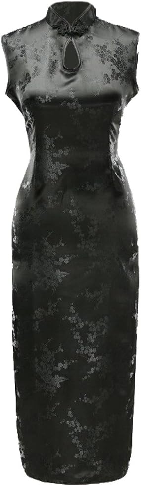 Women's Sexy Black Keyhole Floral Long Chinese Dress Cheongsam