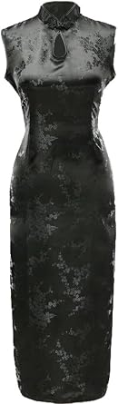 7Fairy Womens Sexy Black Keyhole Floral Long Chinese Dress Cheongsam