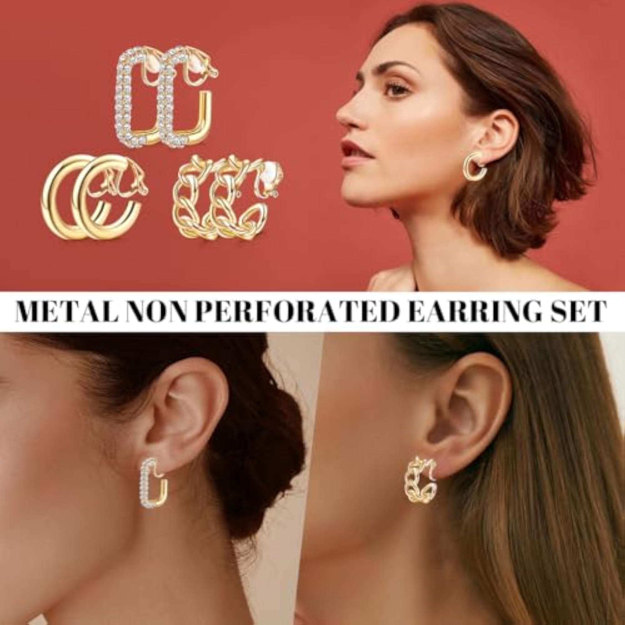 3 Pairs Gold Rhinestones Geometric Ear Cuff Earrings Set
