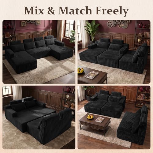 Image of Boneless Couch for Living Room, 113 inch Oversized U Shaped Modular Cloud Sofa with Deep Seat, 6 Seater Convertible Memory Foam Couches, No Assembly Plush Corduroy Sofa (Black)