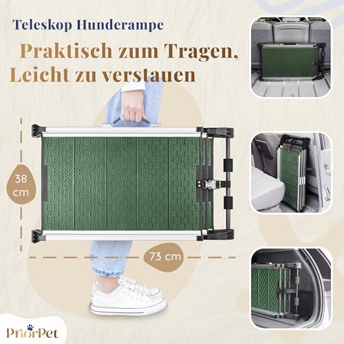 Hunderampe Auto Klappbar - Stabile und rutschfeste Hundeleiter Auto & SUV bis zu 90kg Belastbar - Teleskop Alu Rampe für große Hunde - Reflektierende Seiten - Hundetreppe - Befestigungsclip - Grün