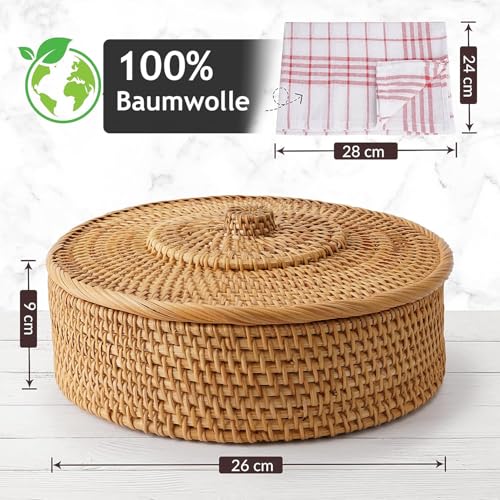 Tortillada - Tortilla Wärmer 26 cm aus Rattan – Handgemachter Brotkorb für Tortillas, Wraps und Fladenbrot – Wärmekorb inkl. Baumwolltuch für Küche & Haushalt, hält Speisen warm