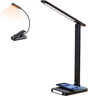 VAVOFO Amber Rechargeable Reading Light，LED Desk Lamp with Wireless Charger, Desk Light for Home Office with Adapter