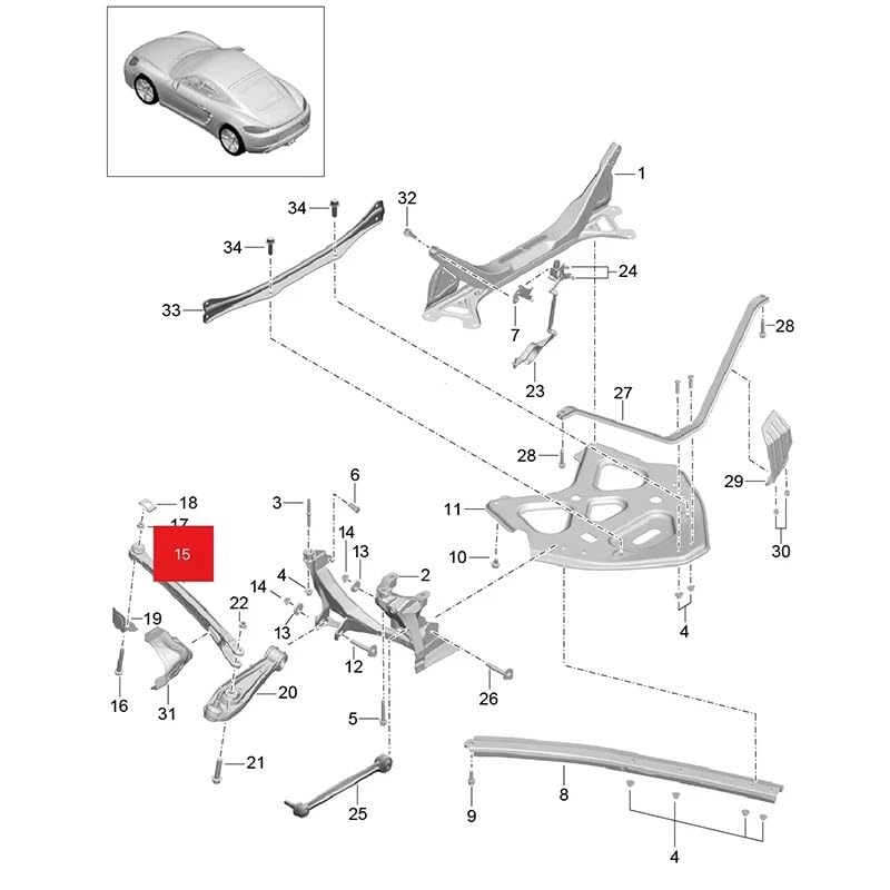 Elimina ruidos en suspensión trasera de Cayman 982 con este brazo exterior superior 3