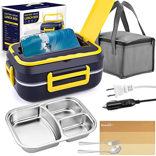 Electric Lunch Box, 3 in 1 for 12V 24V 110V Portable Heating Lunch box Leak-proof Food Heater warmer for Office Car School with 304 Stainless Steel Container 1.5L, Fork & Spoon and Carry Bag