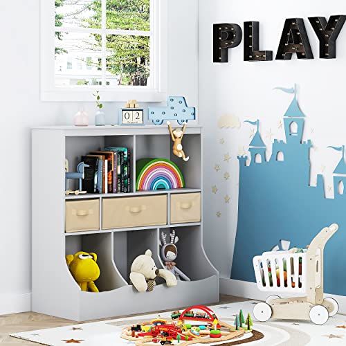 Utex Toy Storage Organizer With Bookcase, Kid’s Bin Storage Unit With 8 Compartments &3 Baskets Bins, Toys Box Organizer, Kid’s Multi Shelf Cubby For Books,Toys,Gray #TOP4