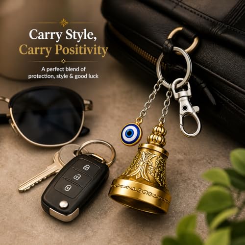 Image of Guardian Bell Keychain for Bike & Car | Tibetan Style Bell Keyring with Evil Eye Charm & ๐๐๐๐ฎ๐ซ๐ Silver Clip | Good Luck Rider Accessory Gift for Men & Women- ๐๐๐๐ค ๐จ๐ ๐
