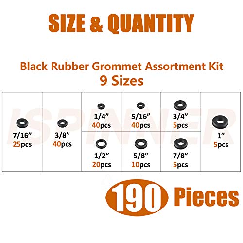Ispinner 190Pcs Rubber Grommet Assortment Kit, 9 Sizes Eyelet Ring Gasket 1/4" 5/16" 3/8" 7/16" 1/2" 5/8" 3/4" 7/8" 1" (Black) #TOP1