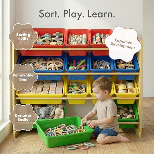 Image of Humble Crew Toy Storage Organizer with 16 Removable Storage Bins for Kids Playroom, 4-Tier Toddler Toy Organization, Natural Wood /Primary