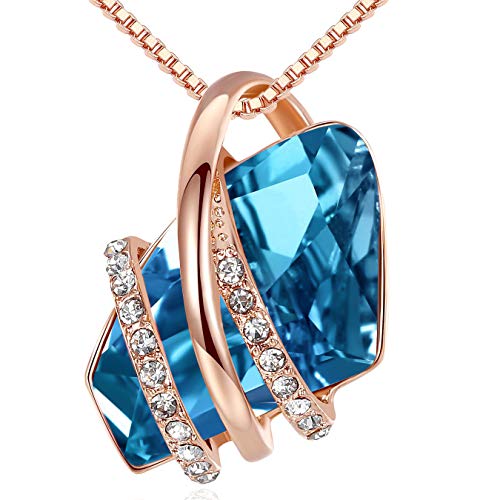Leafael Wish Stone Pendant Necklace with Blue Zircon Birthstone Crystal for December, 18K Rose Gold Plated, 18